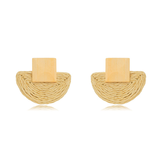 Beige Wooden with Rattan, Woven, Bamboo Earrings