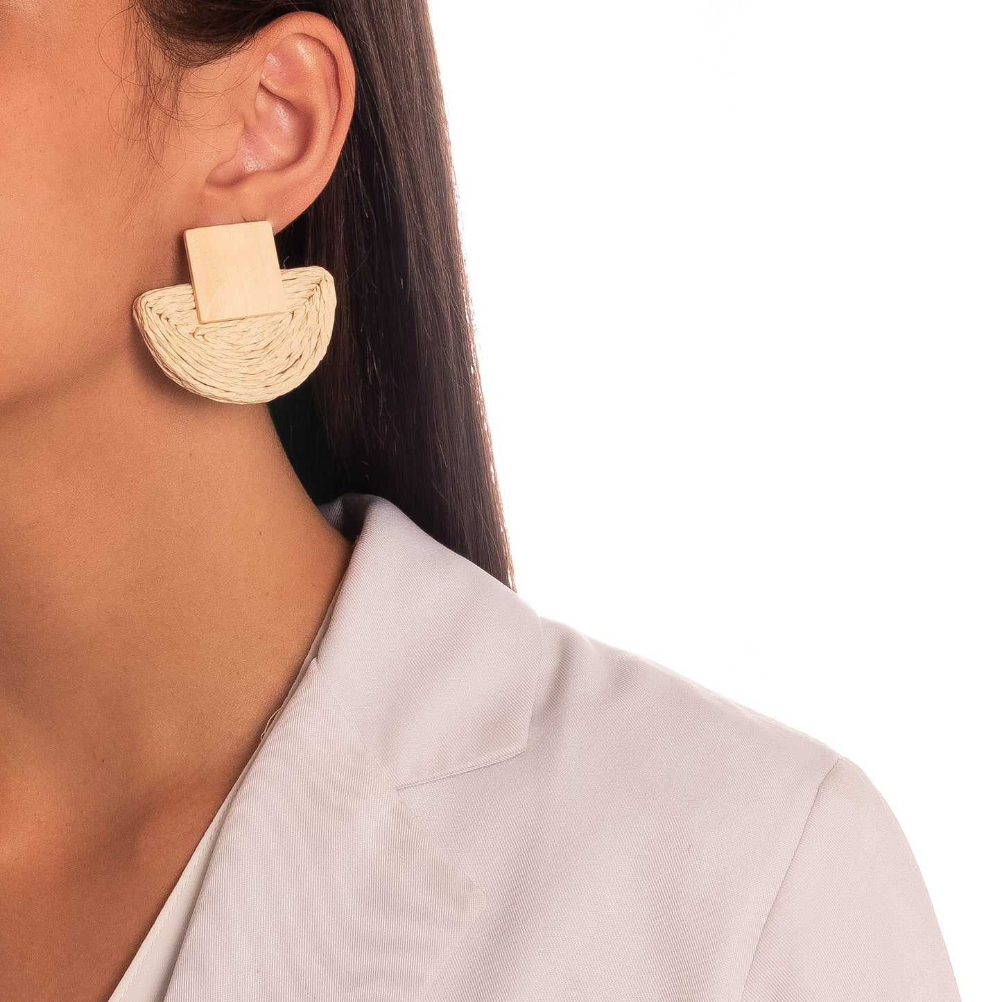 Beige Wooden with Rattan, Woven, Bamboo Earrings