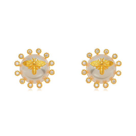 Micro Zirconia Pearl Insect Earrings - 18k Gold Plated